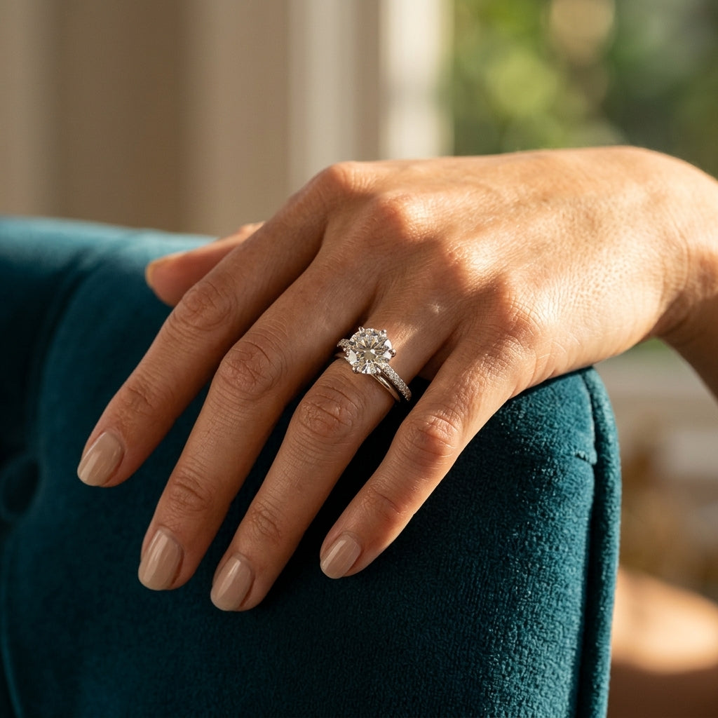 6-Prong Single Row Round Engagement Ring - worn lifestyle photo