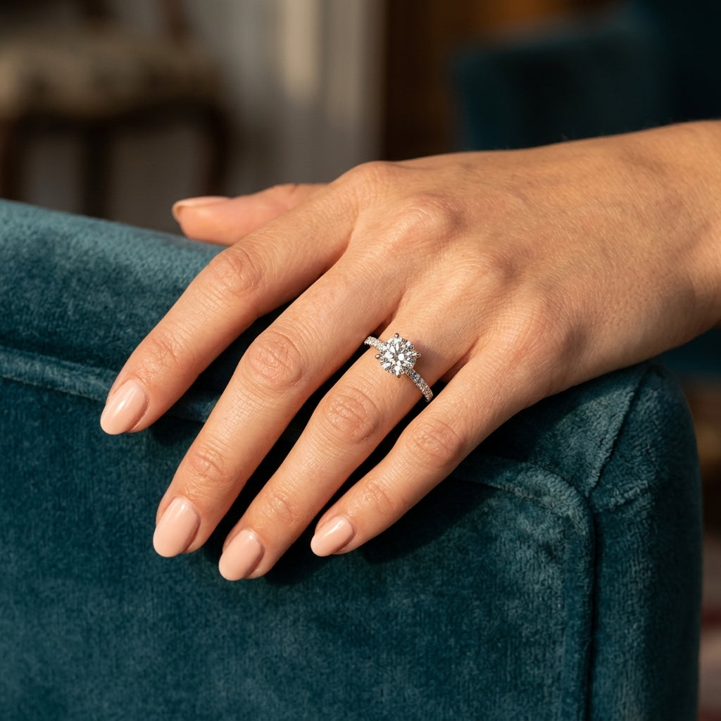 Round Hidden Halo Engagement Ring - worn lifestyle photo