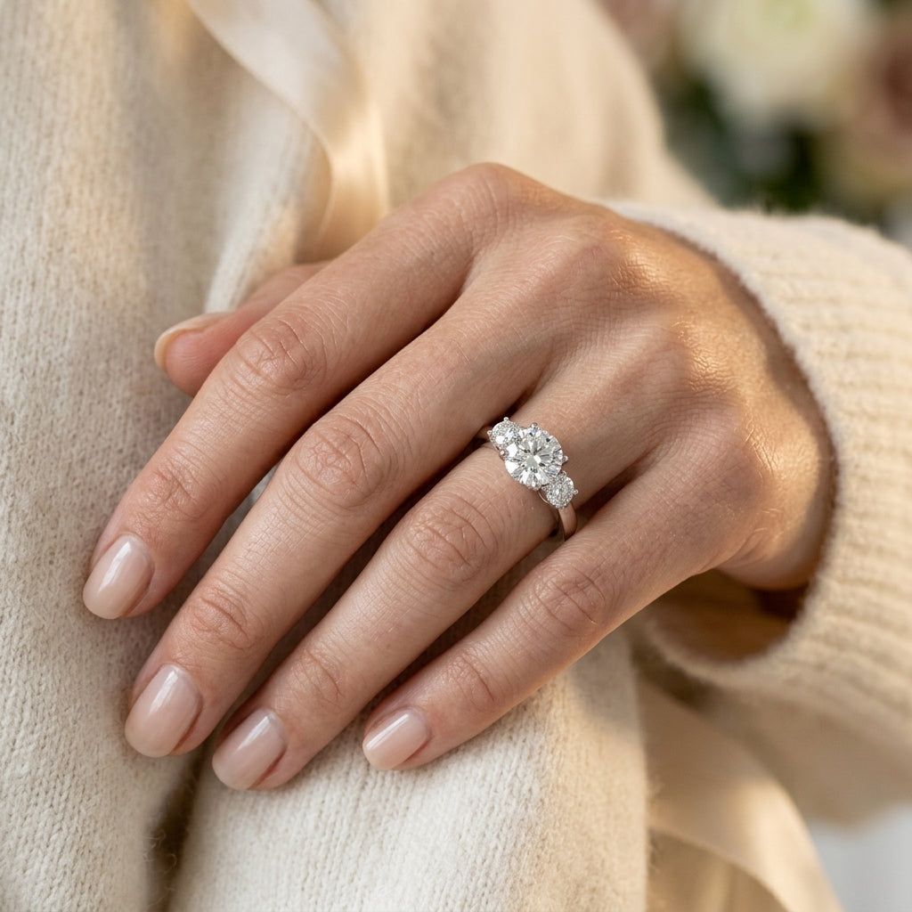 3-Stone Round Engagement Ring - worn lifestyle photo