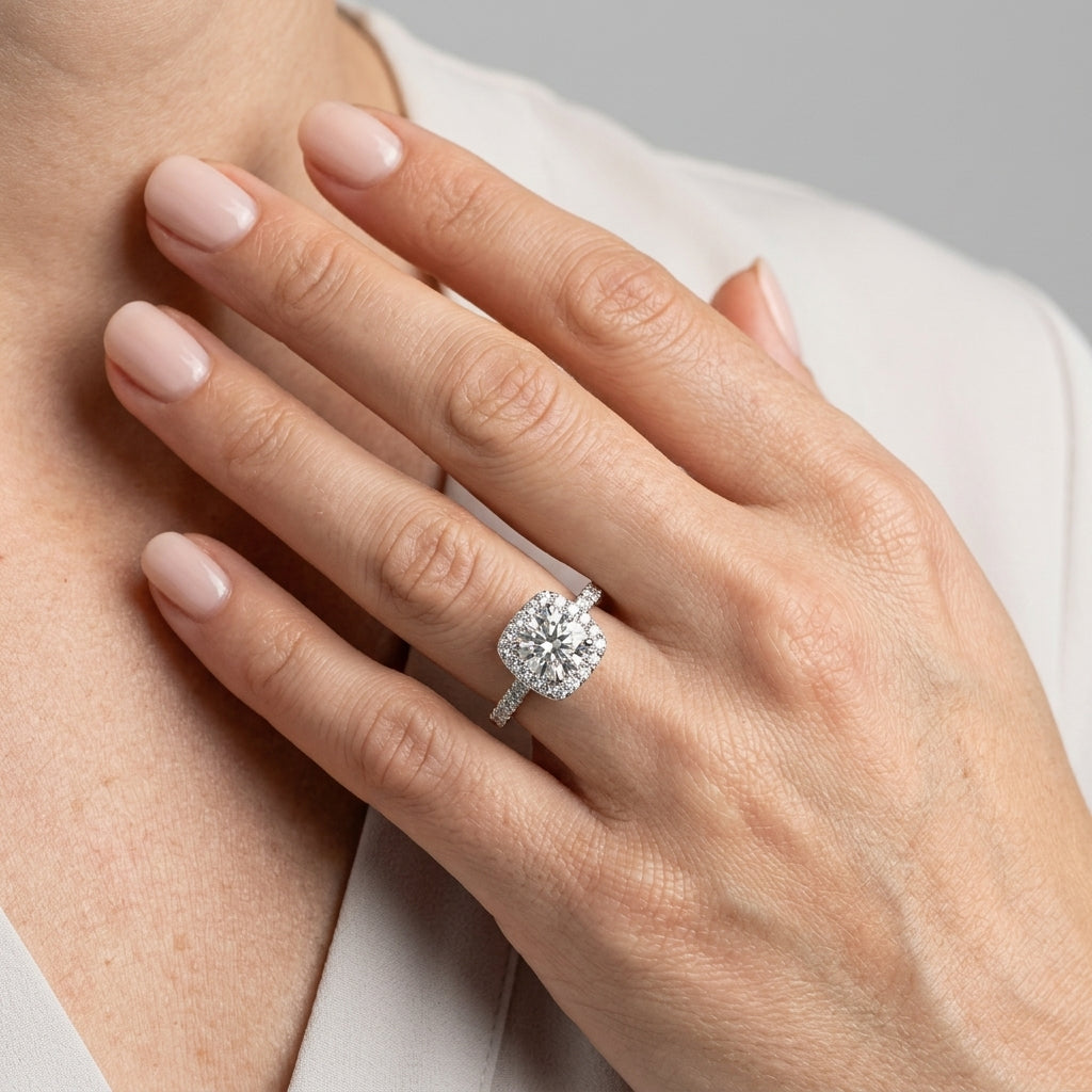 Round Diamond Engagement Ring, Cushion Halo - worn lifestyle photo