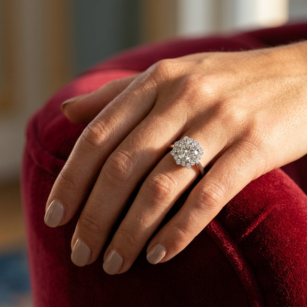 Solitaire Halo Prong Set Engagement Ring - worn lifestyle photo