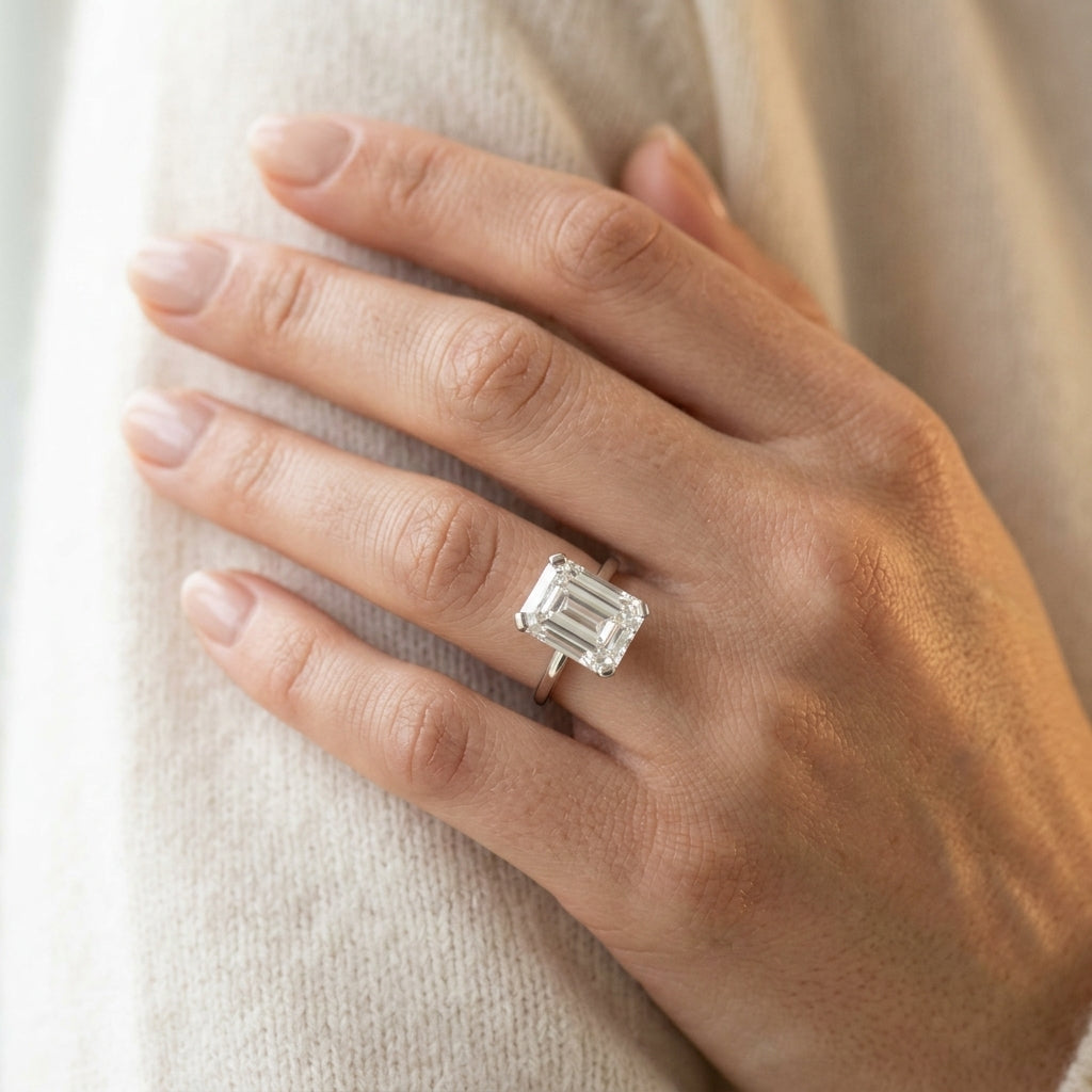 Emerald Cut Solitaire Engagement Ring - worn lifestyle photo