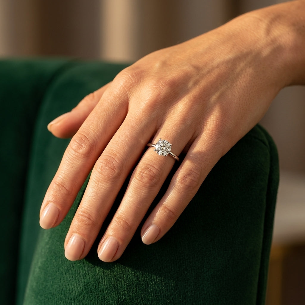 Round Solitaire Engagement Ring - worn lifestyle photo