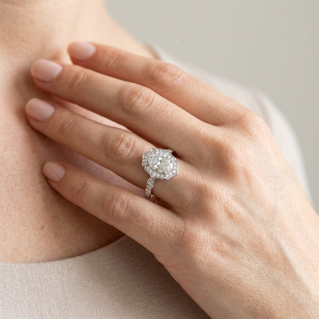 Vintage-Inspired Scalloped Halo Engagement Ring - worn lifestyle photo