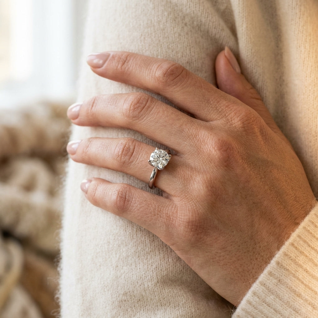 6-Prong Round Tulip Solitaire Engagement Ring - worn lifestyle photo