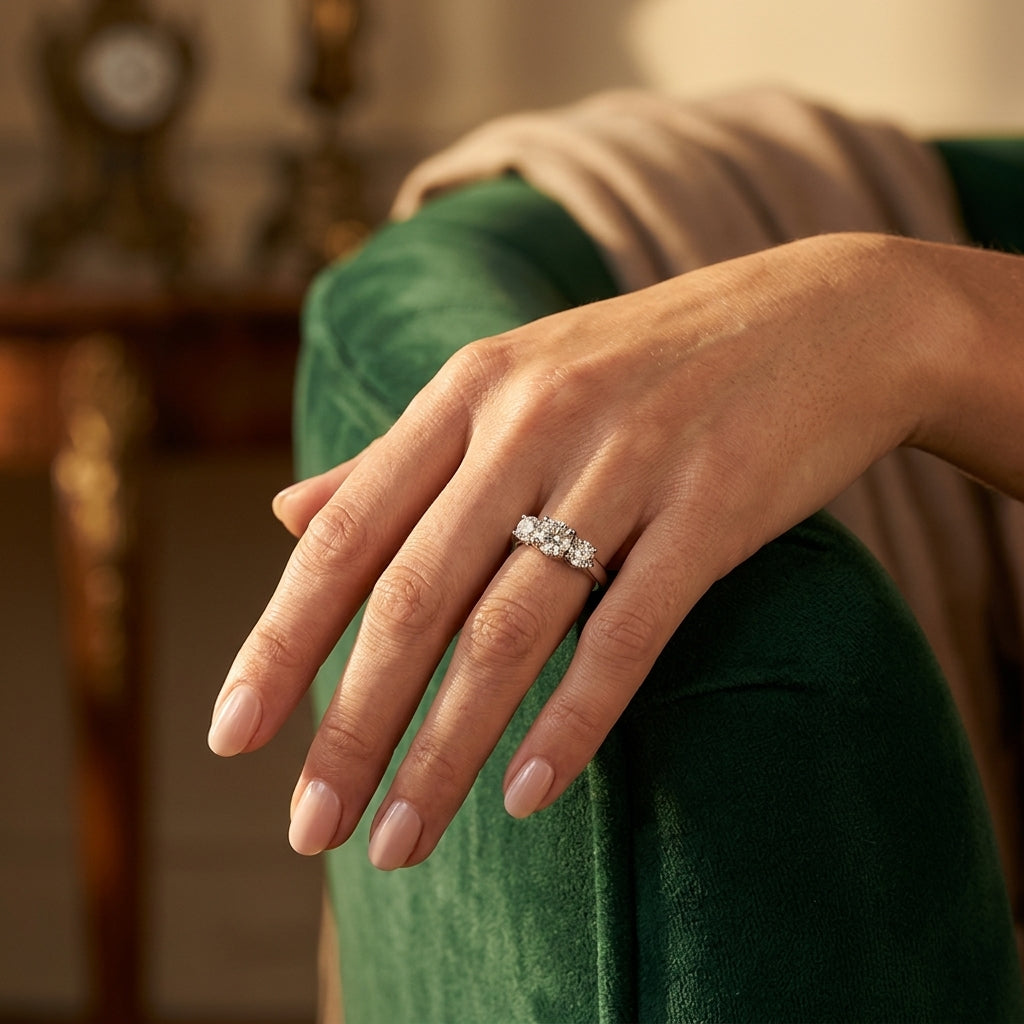 3-Stone Round Engagement Ring - worn lifestyle photo
