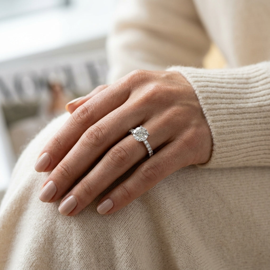 Single Row Prong Set Engagement Rings - worn lifestyle photo