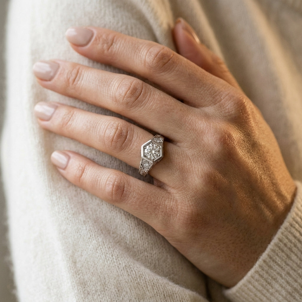 Vintage-Inspired Round Engagement Ring - worn lifestyle photo