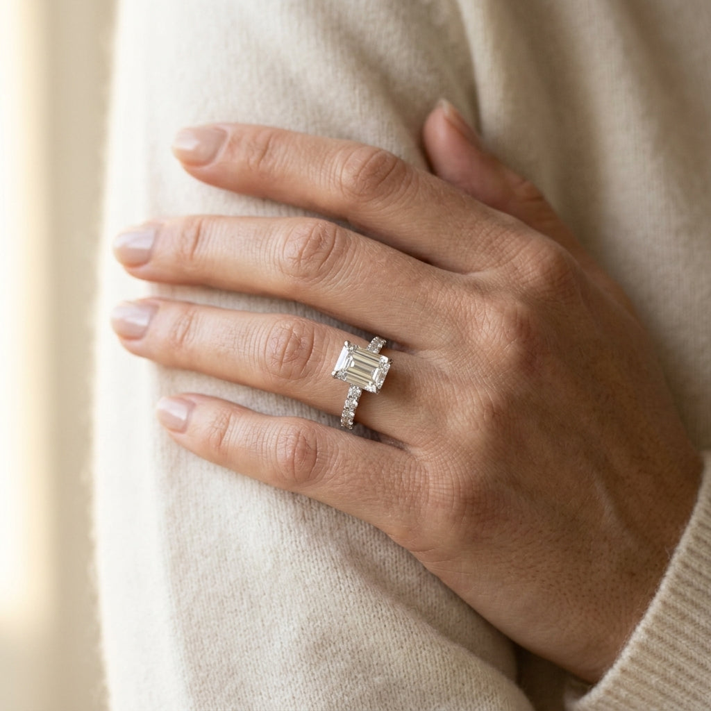 Emerald Cut Split Prong Engagement Ring - worn lifestyle photo