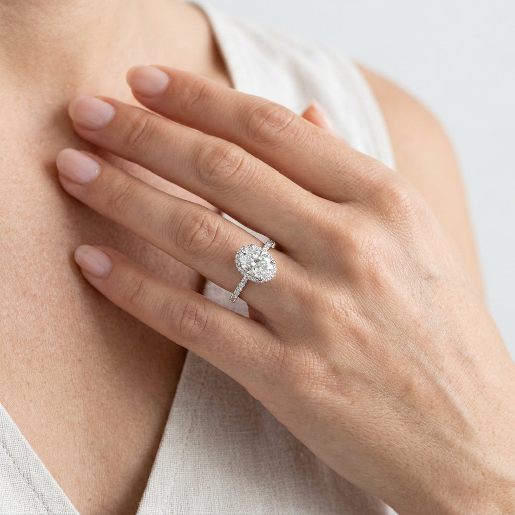 Hidden Halo Oval Engagement Ring - worn lifestyle photo