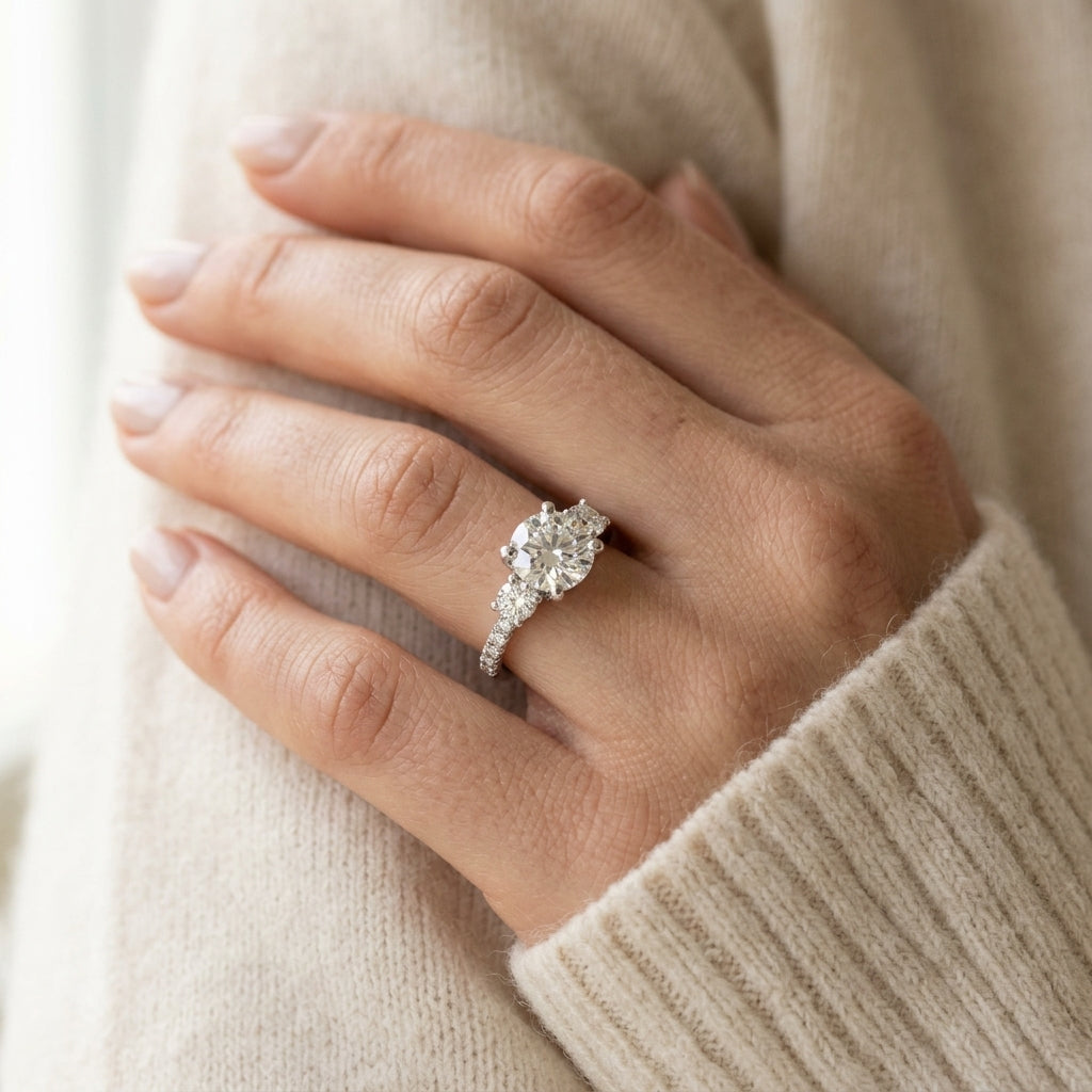 3-Stone Solitaire Split Prong Engagement Ring - worn lifestyle photo