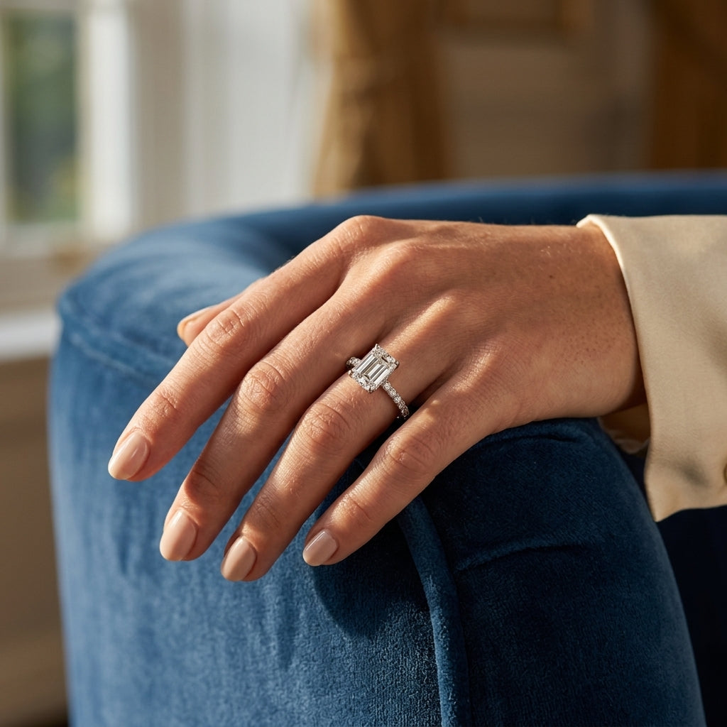 Hidden Halo Emerald Cut Engagement Ring - worn lifestyle photo