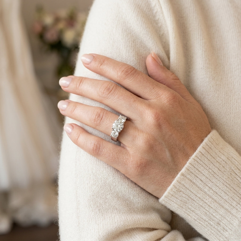 3-Stone Prong Set Trellis Engagement Ring - worn lifestyle photo