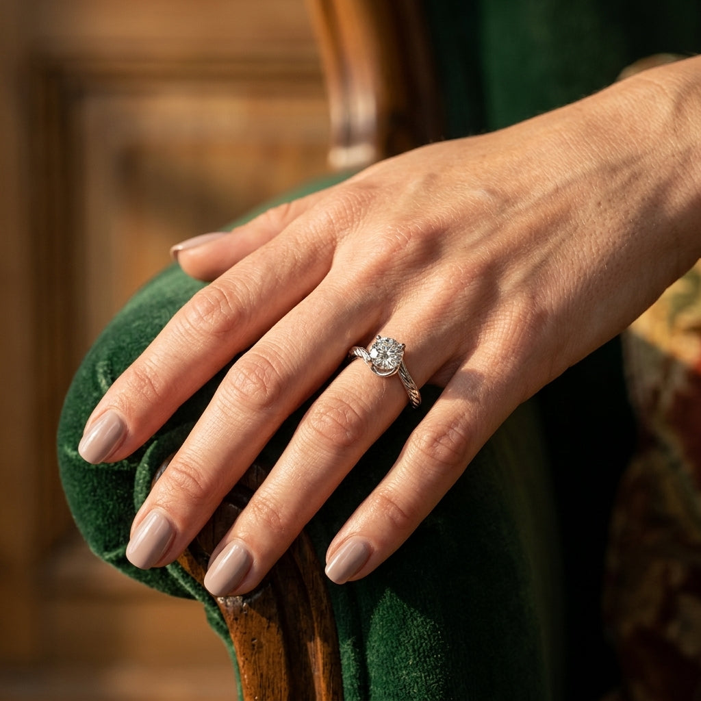 Round Lab Grown Diamond Engagement Ring - Style 50976 - worn lifestyle photo