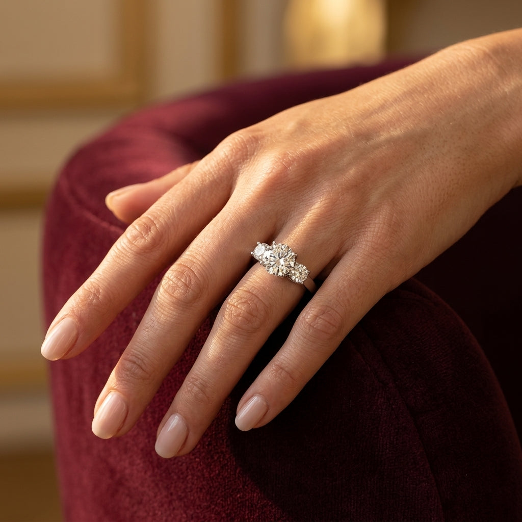 3-Stone Round Engagement Ring - worn lifestyle photo