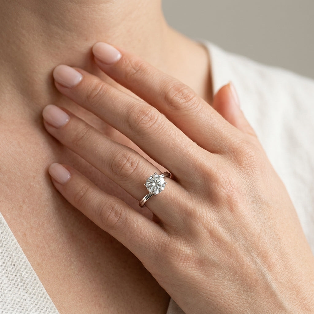 Round Solitaire Bypass Engagement Ring - worn lifestyle photo