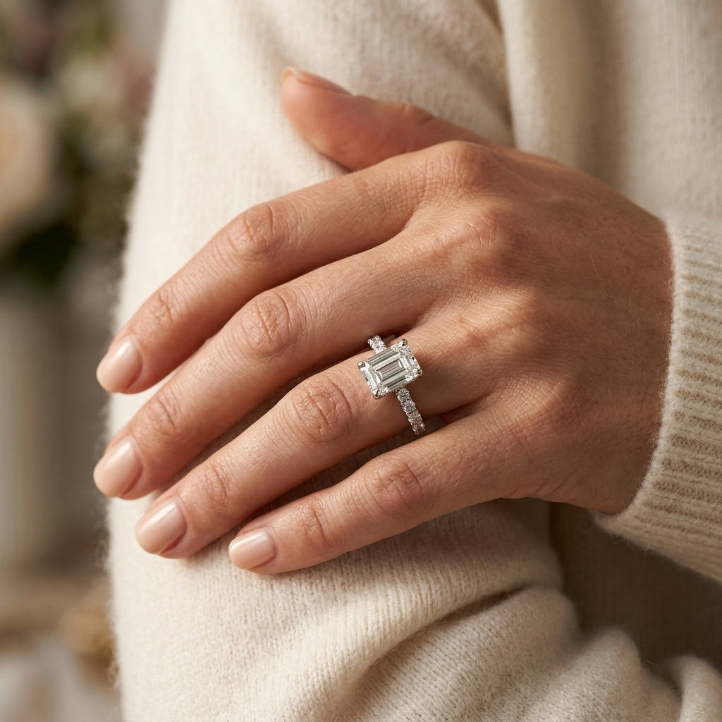 Single Row Emerald Cut Engagement Ring - worn lifestyle photo