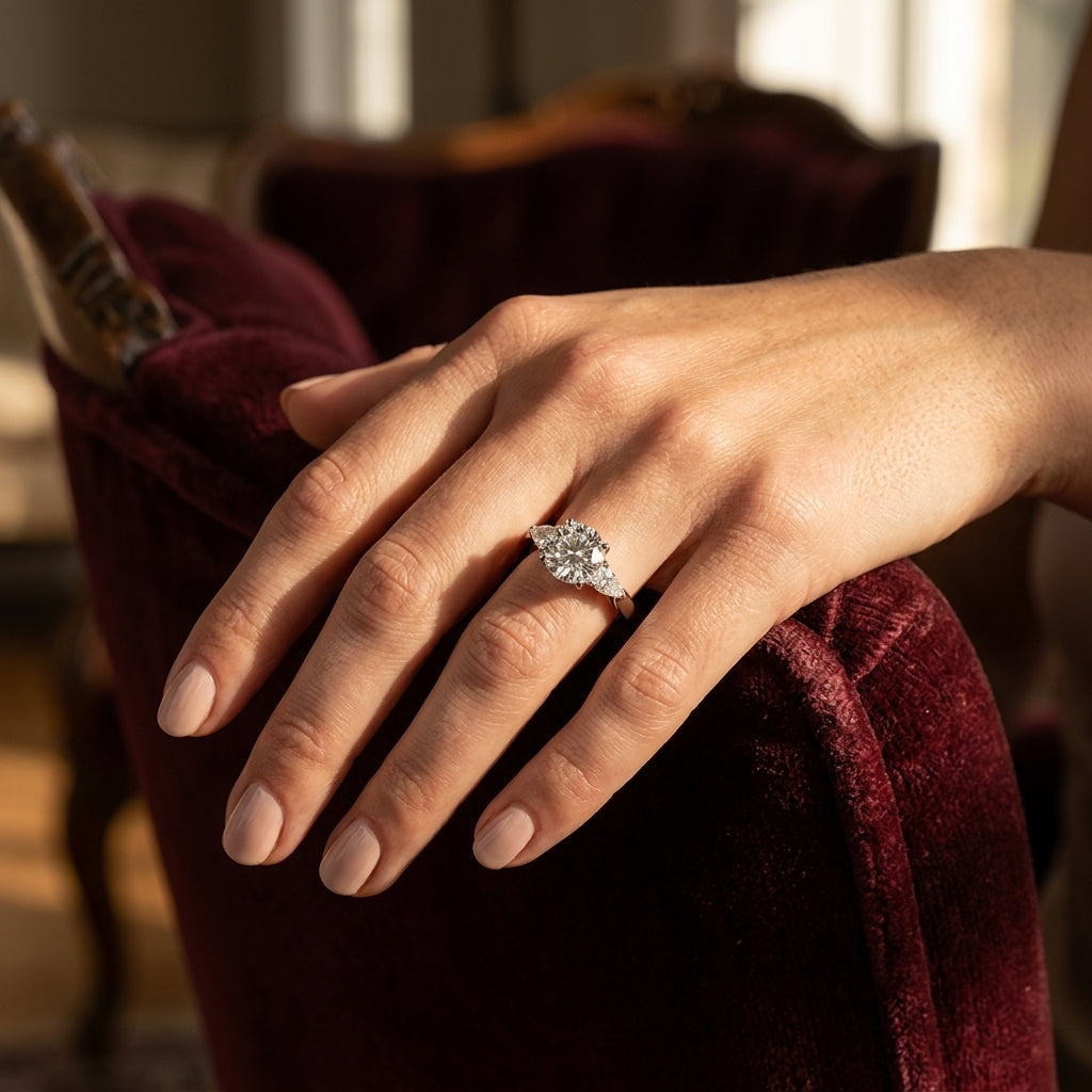 3-Stone Round & Pear Engagement Ring - worn lifestyle photo
