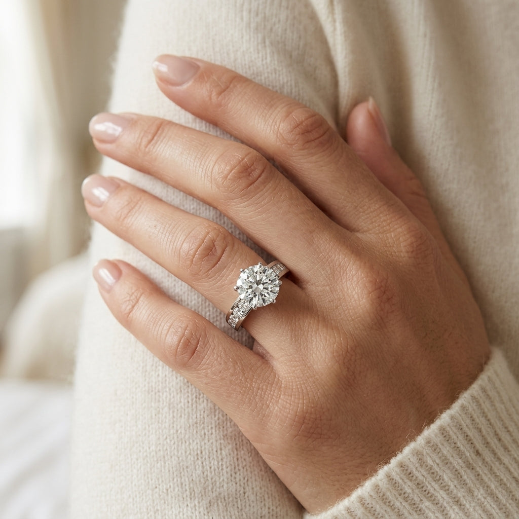 Single Row Channel Set Engagement Ring - worn lifestyle photo