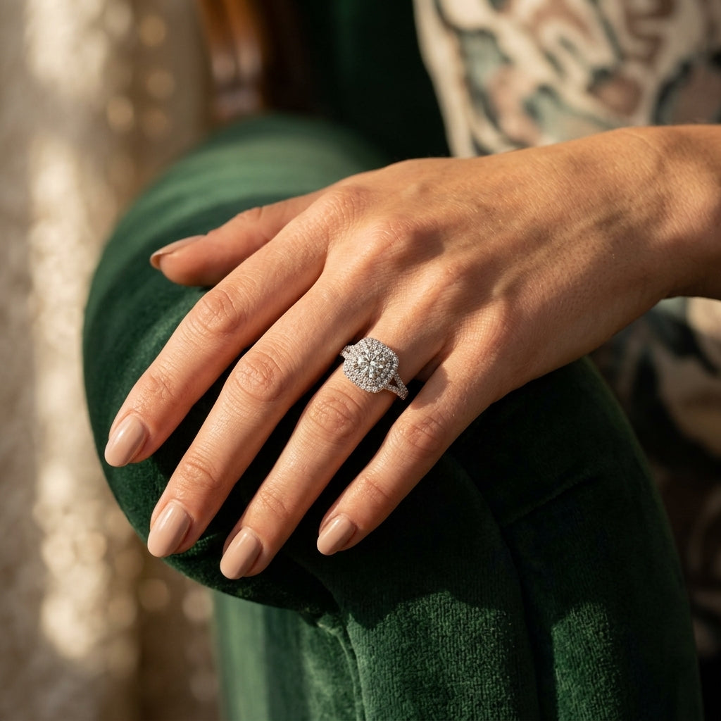 Double Halo Round Split-Shank Engagement Ring - worn lifestyle photo