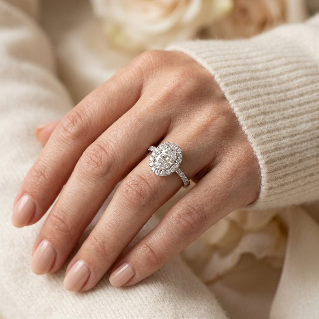 Single Row Oval Shape Halo Engagement Ring - worn lifestyle photo