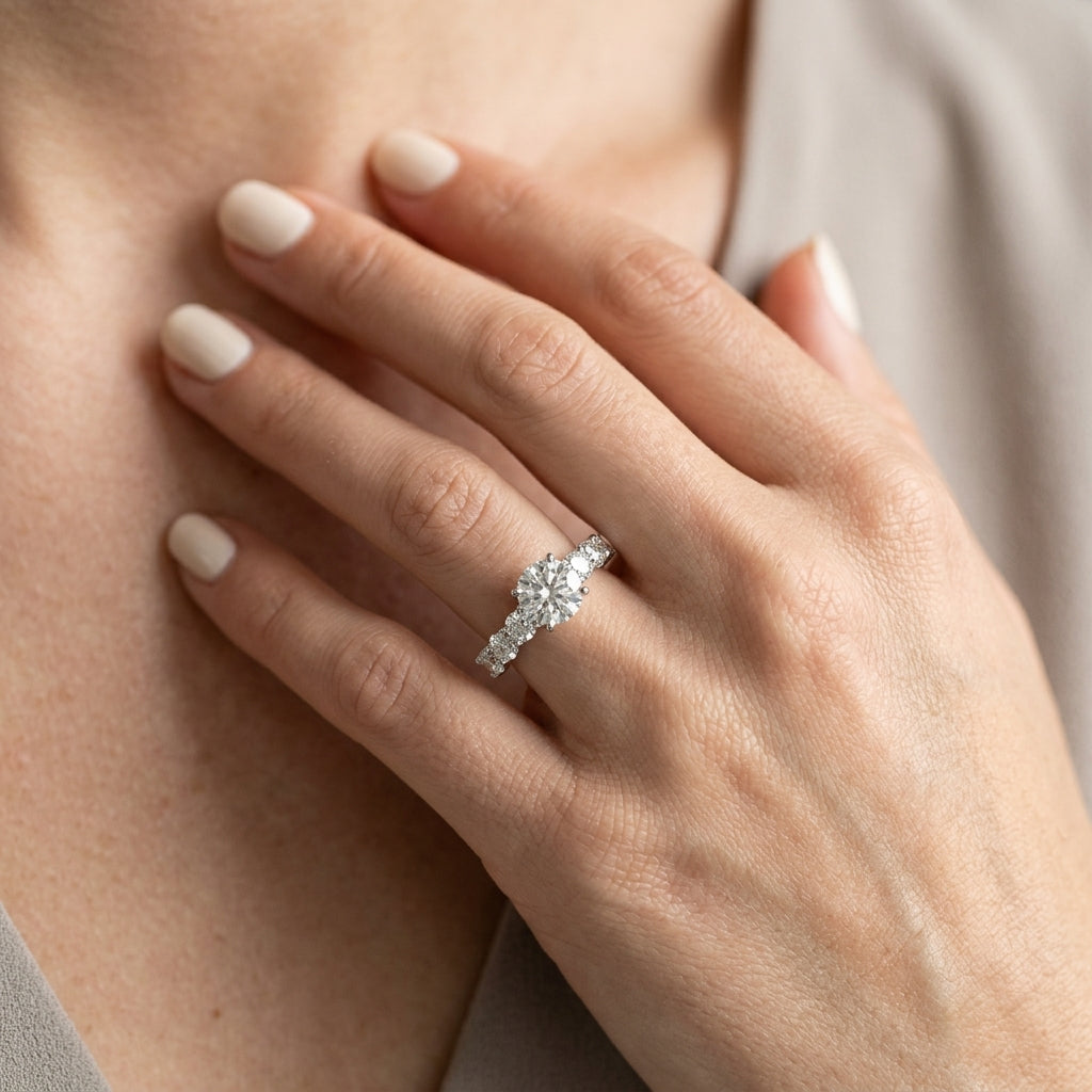 Shared Prong Engagement Ring - worn lifestyle photo