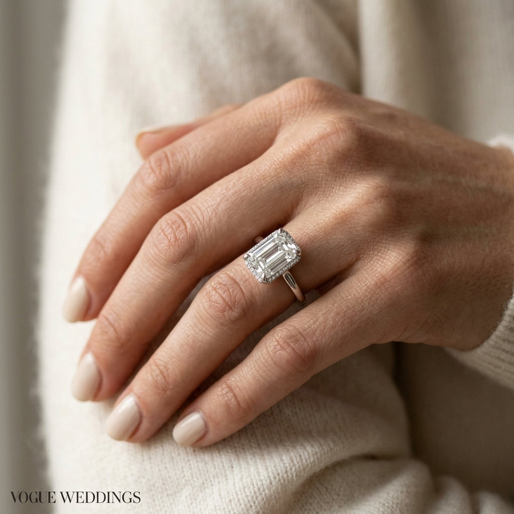 Hidden Halo Emerald Cut Engagement Ring - worn lifestyle photo