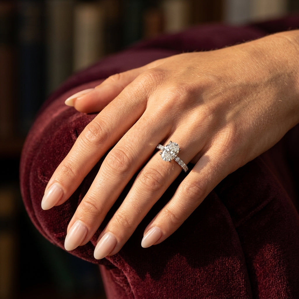 Single Row Oval Engagement Ring - worn lifestyle photo