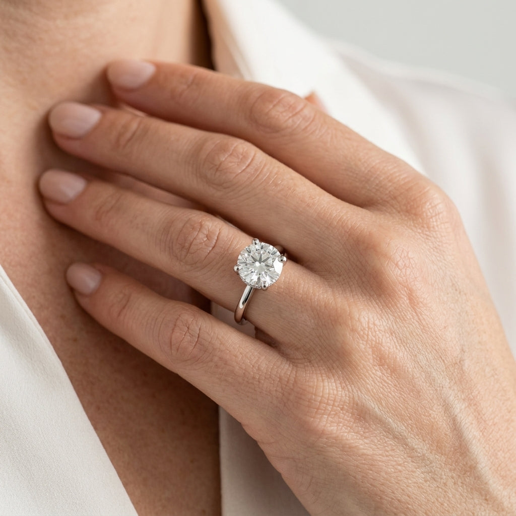 Round Hidden Halo Engagement Ring - worn lifestyle photo