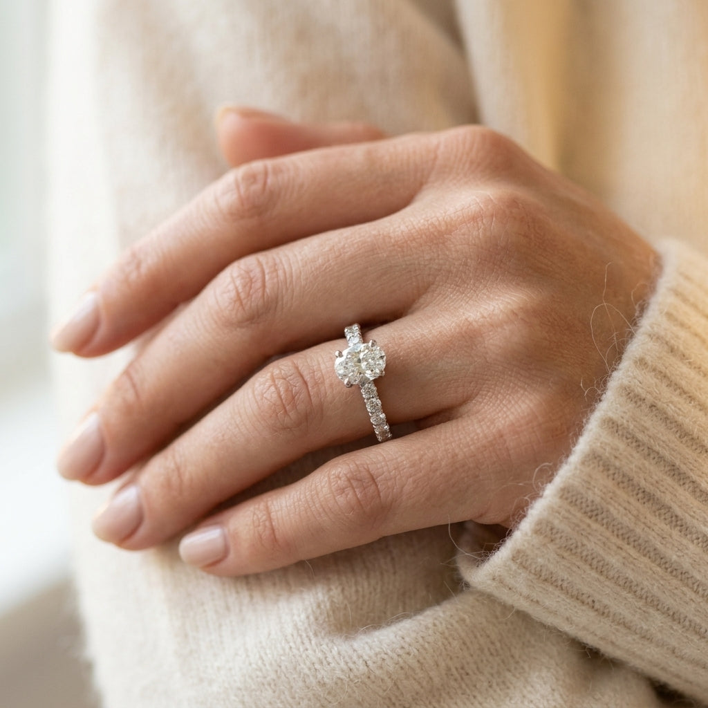 Oval Single Row Engagement Ring - worn lifestyle photo