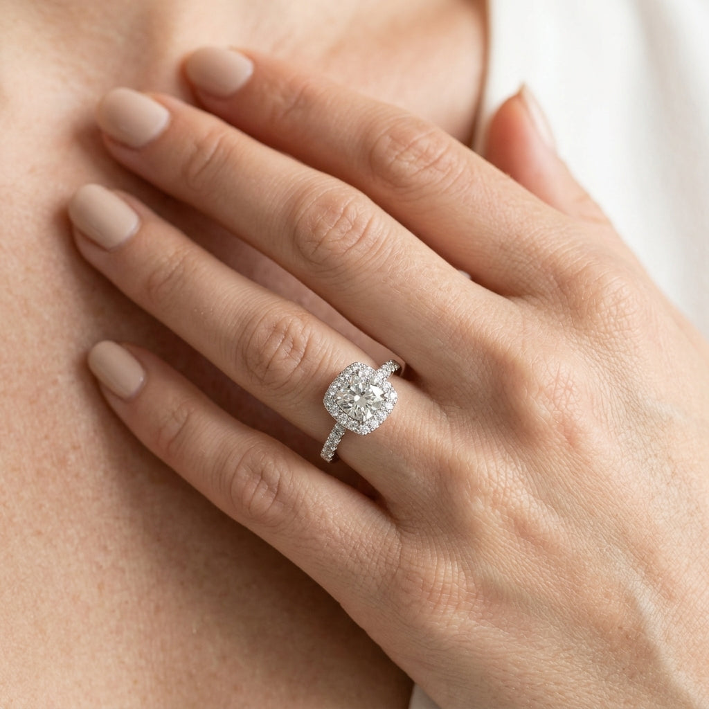 Single Row Halo Engagement Ring - worn lifestyle photo