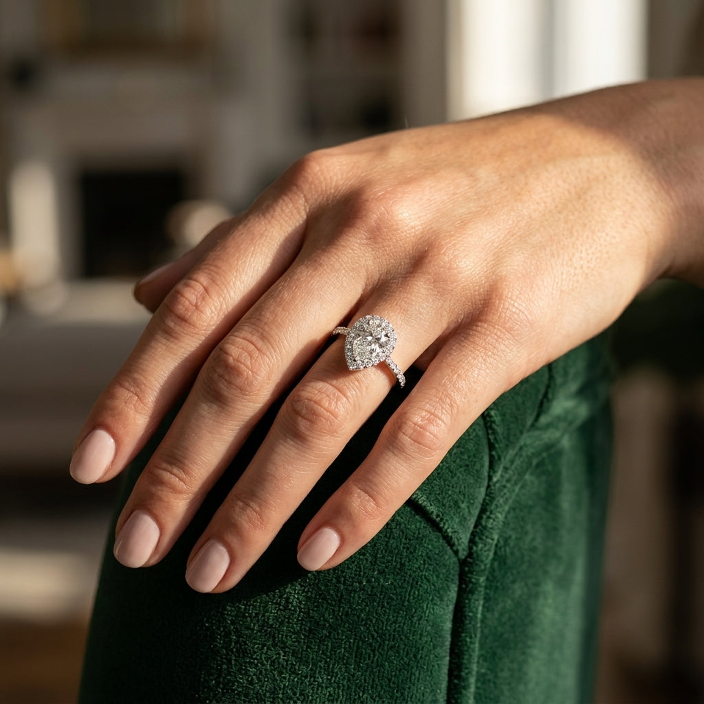 Single Row Accented Halo Engagement Ring - worn lifestyle photo