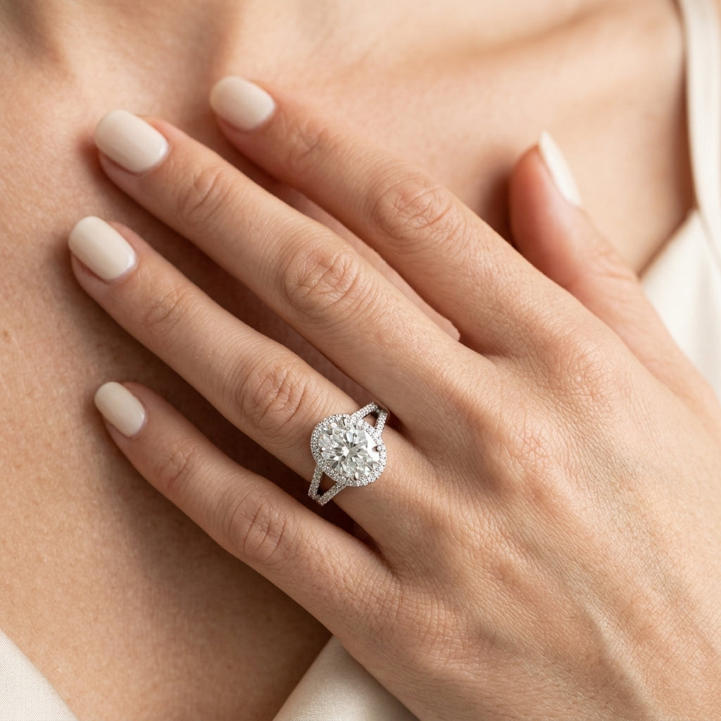 Oval Halo Split Shank Engagement Ring - worn lifestyle photo