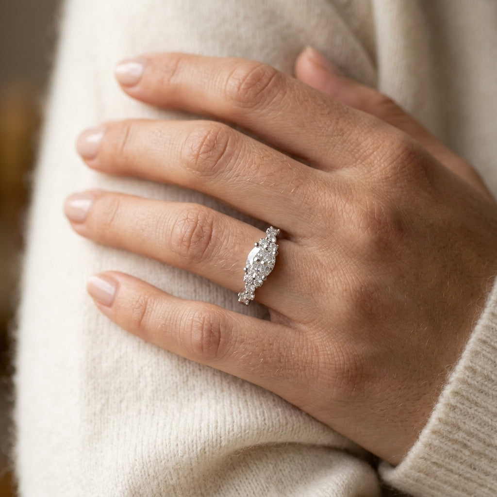 East West Oval Scattered Diamond Engagement Ring - worn lifestyle photo