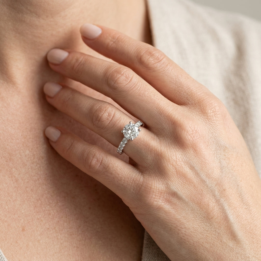 Single Row Split Prong Trellis Engagement Ring - worn lifestyle photo