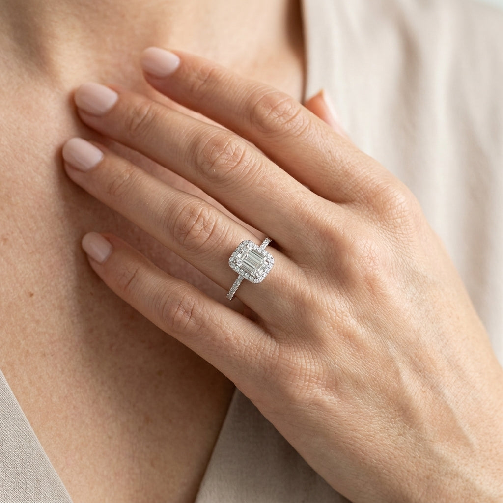 Single Row Halo Emerald Cut Engagement Ring - worn lifestyle photo