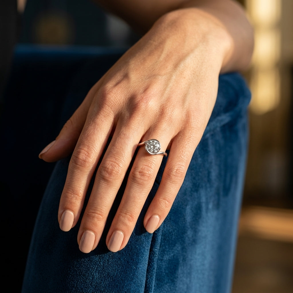 Solitaire Bypass Engagement Ring - worn lifestyle photo