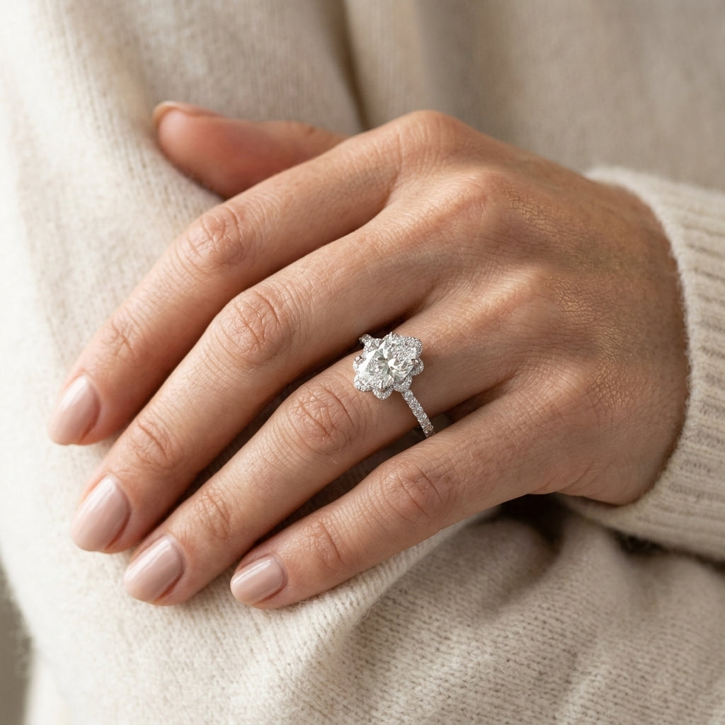 ENGAGEMENT RING OVAL CENT - worn lifestyle photo