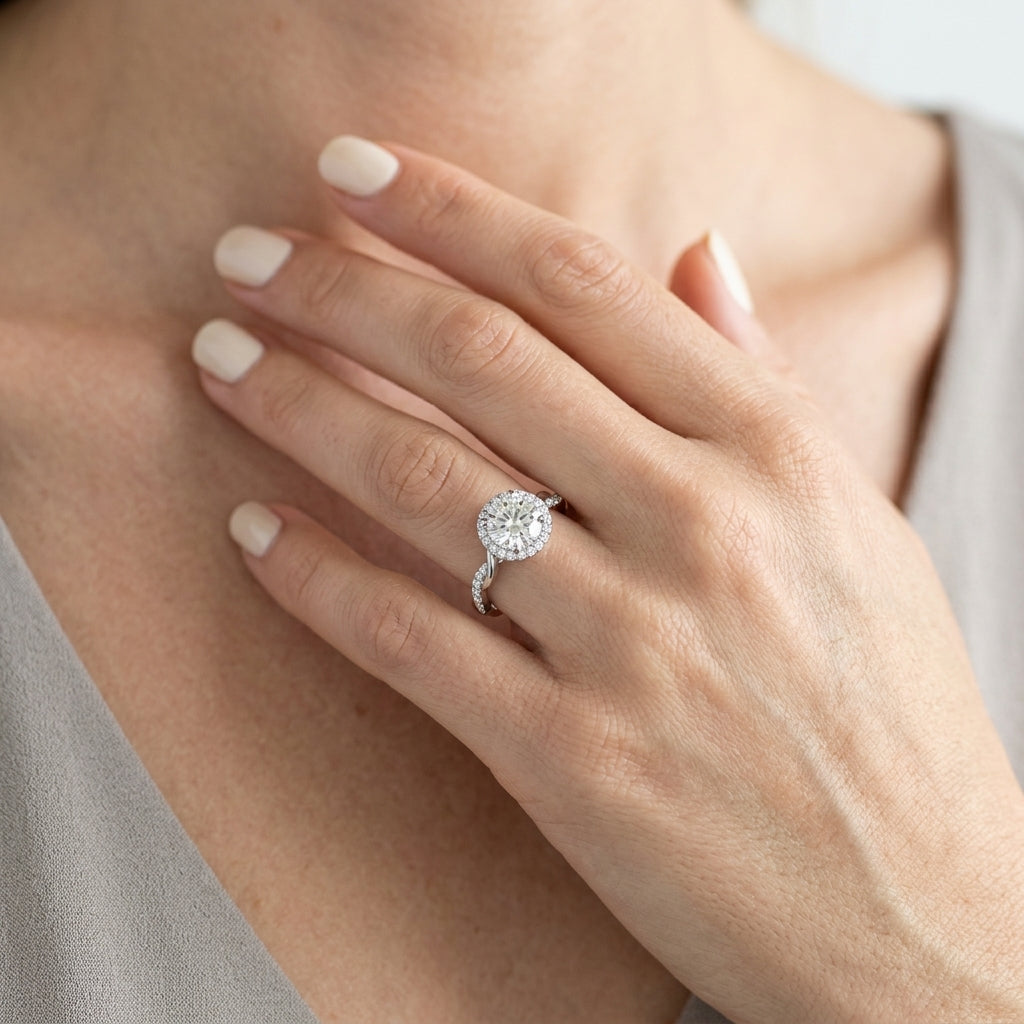 Round Twisting Halo Engagement Ring - worn lifestyle photo
