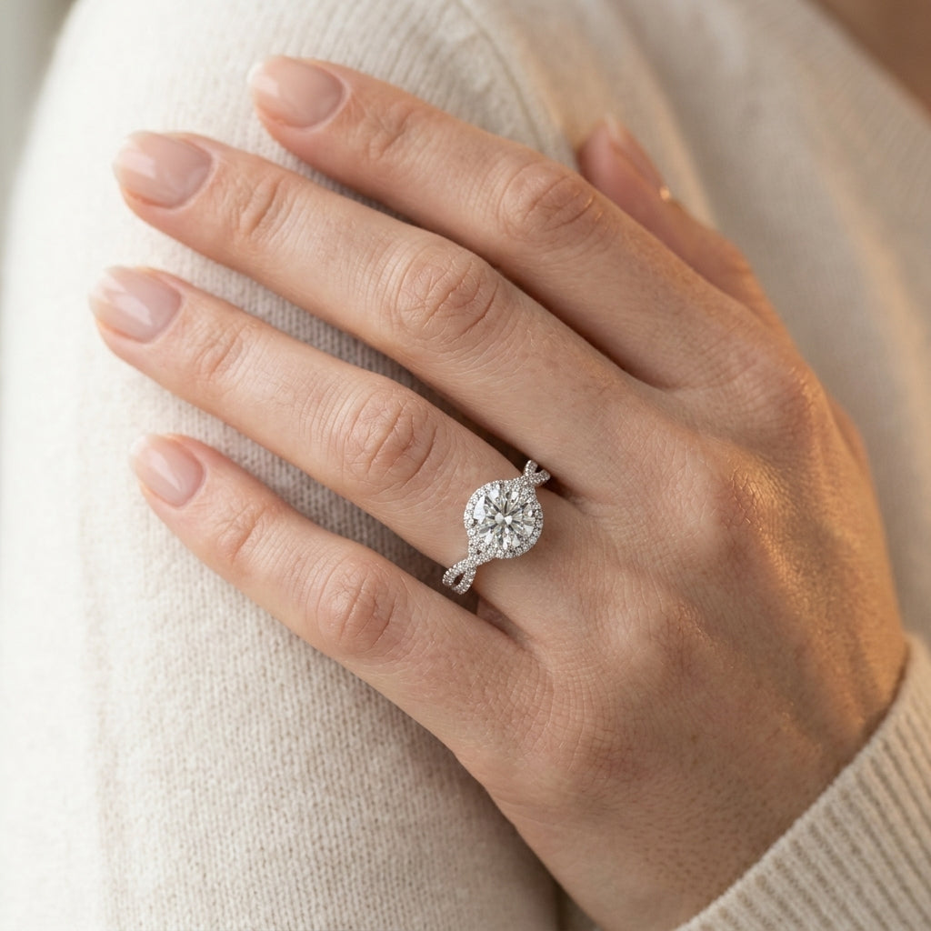 Twisted Infinity Halo Engagement Ring - worn lifestyle photo
