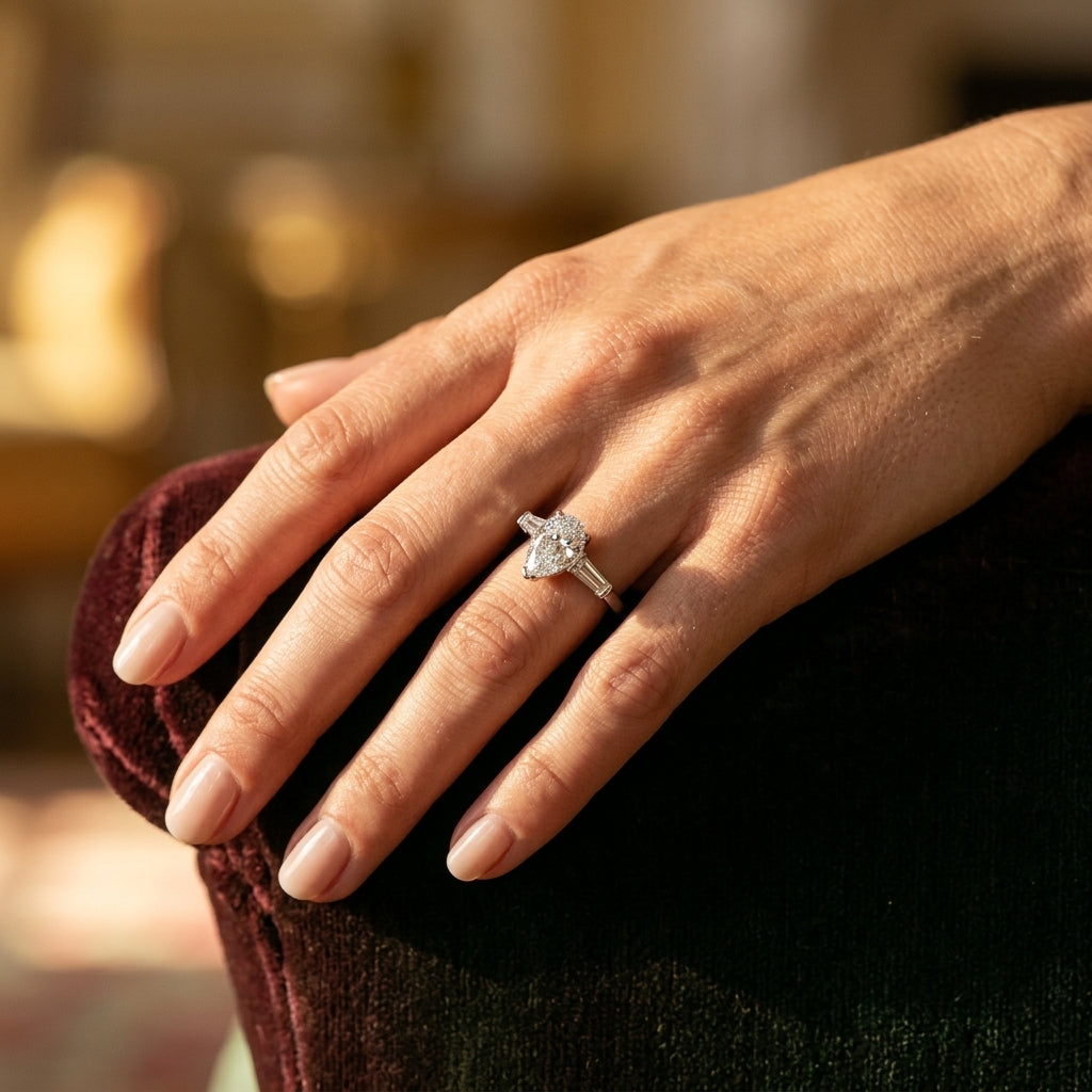 3-Stone Pear & Baguette Engagement Ring - worn lifestyle photo