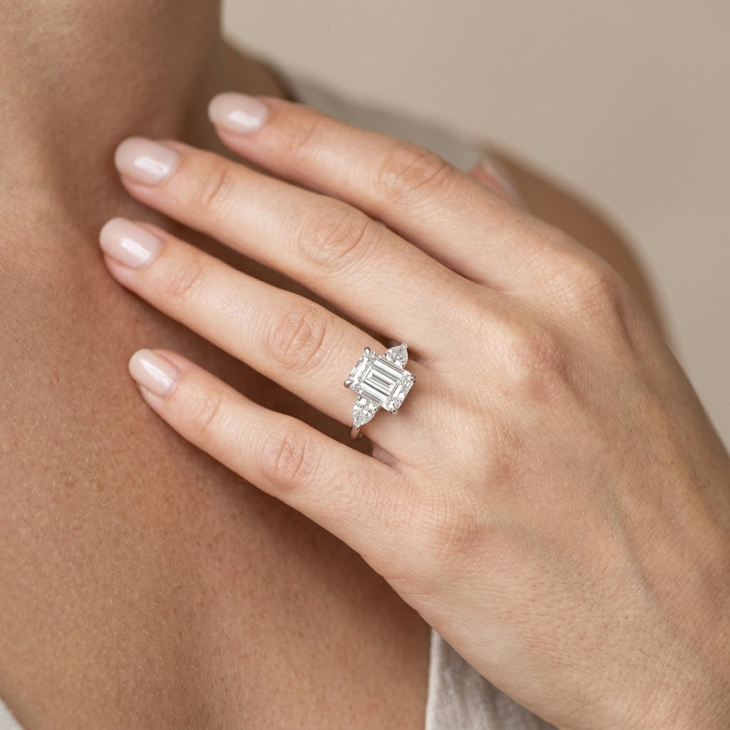 3-Stone Emerald Cut Engagement Ring - worn lifestyle photo