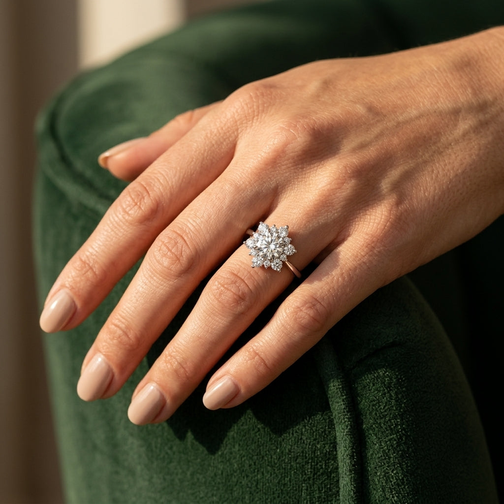 Round Floral Halo Engagement Ring - worn lifestyle photo