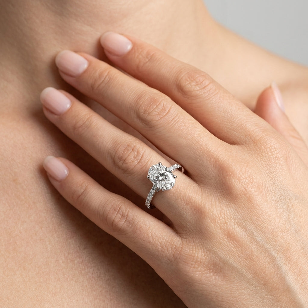 Accented Trellis Oval Engagement Ring - worn lifestyle photo