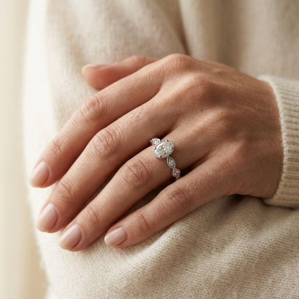 Vintage Single Row Milgrain Engagement Ring - worn lifestyle photo