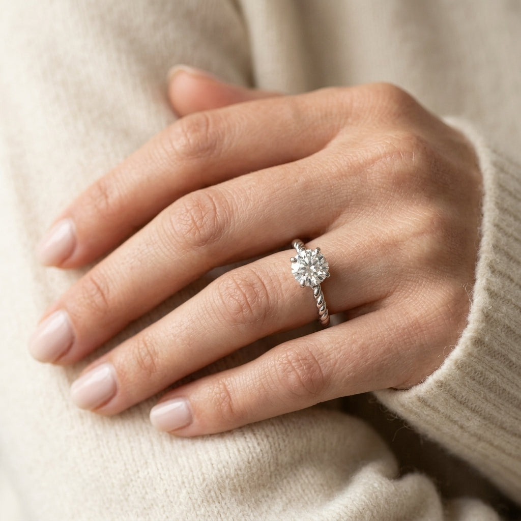 Braided Shank Round Cut Engagement Ring - worn lifestyle photo