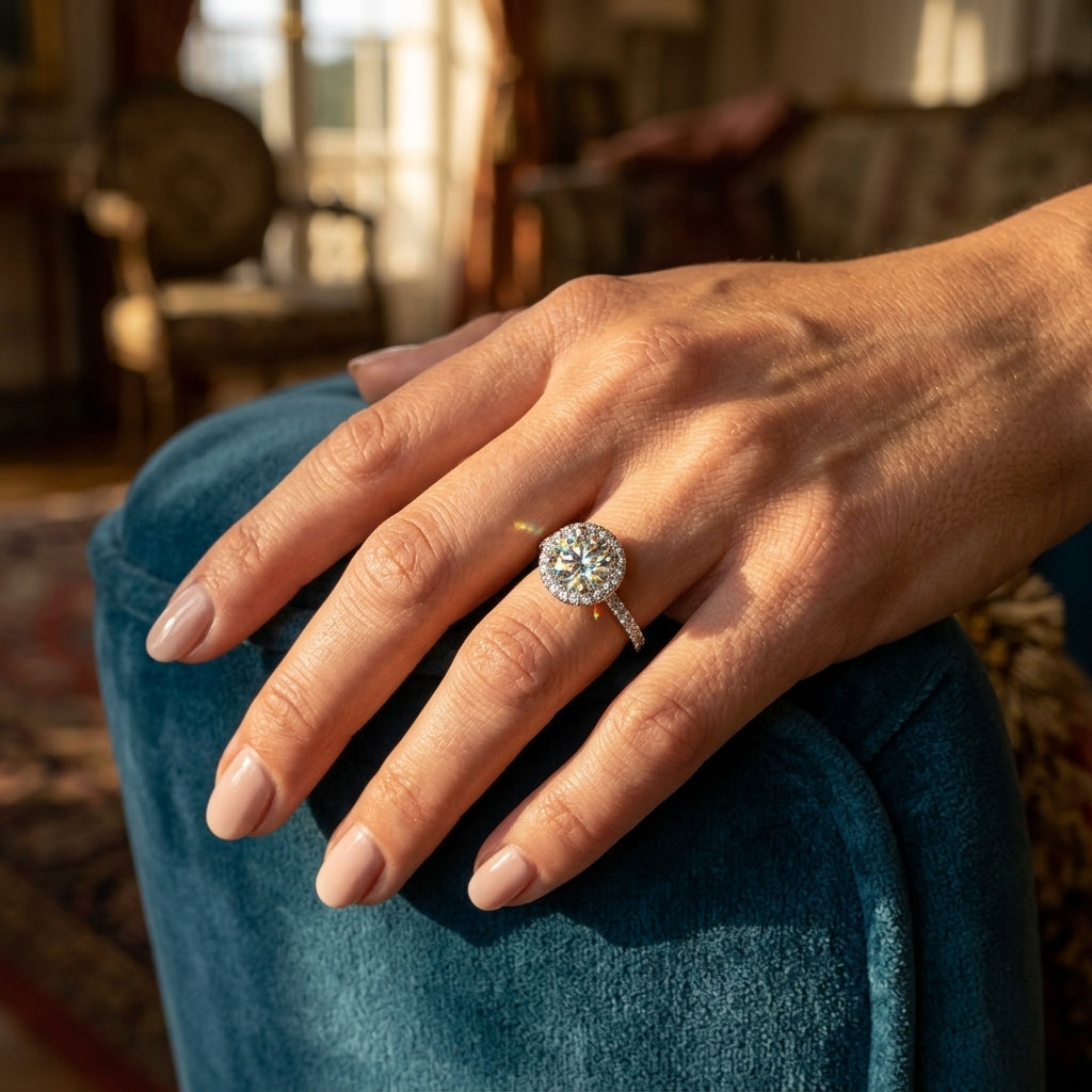 Single Row Halo Engagement Ring - worn lifestyle photo