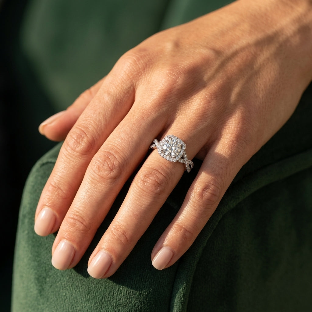 Twisted Split Shank Halo Engagement Ring - worn lifestyle photo