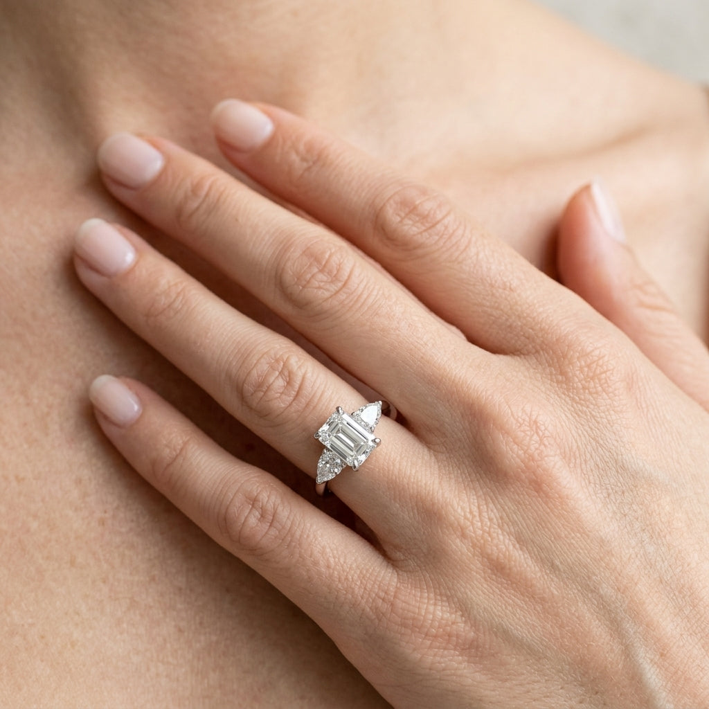 3-Stone Emerald Engagement Ring w/ Pear Sides - worn lifestyle photo