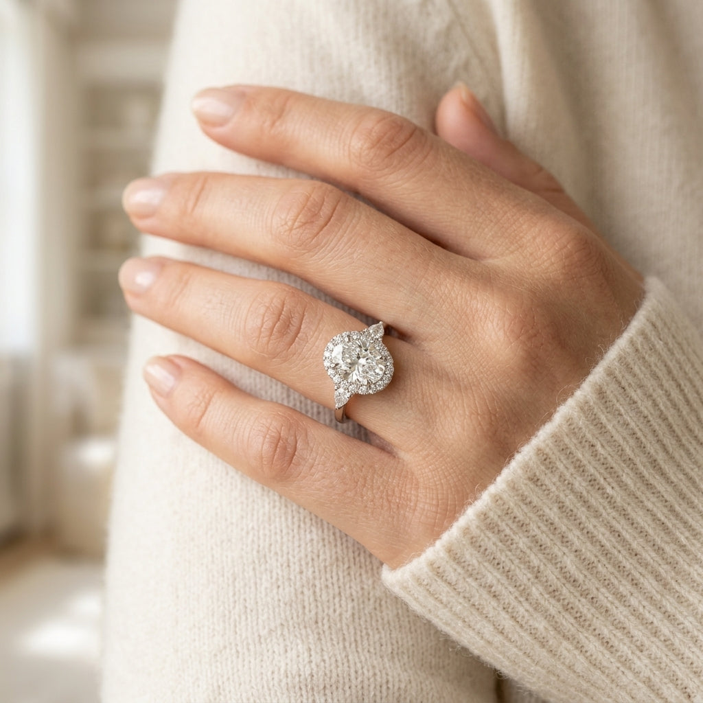 Oval Cut Halo Engagement Ring - worn lifestyle photo